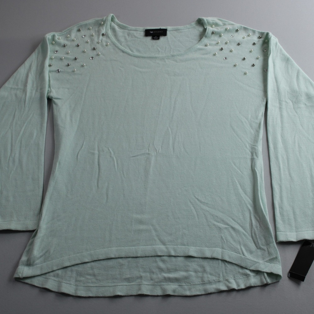 AB Studio Mint Green Embellished Pearl Rhinestone Knit Top Sweater Size M NWT